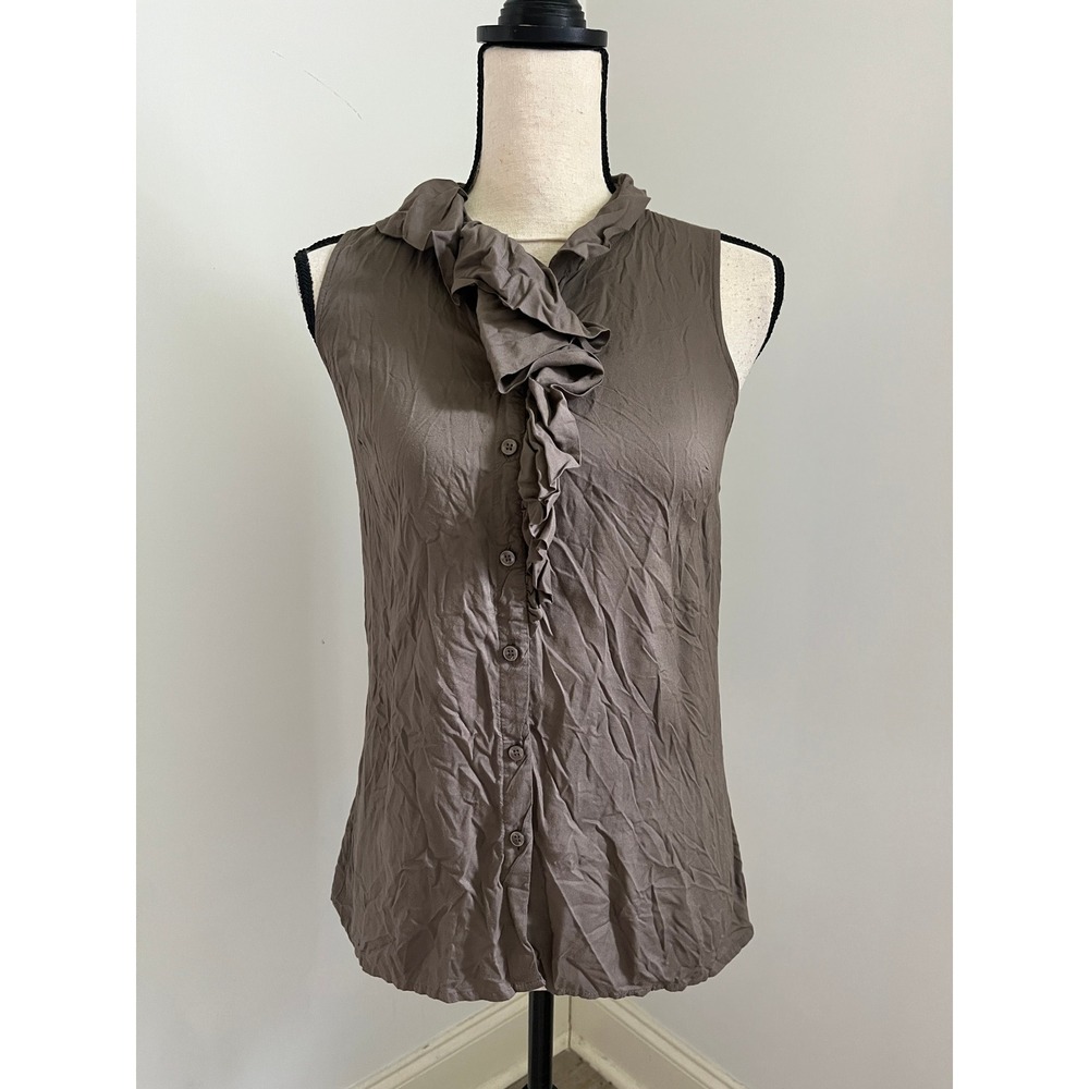 Taupe Ruffle Shell Blouse XS Brown Sleeveless Button Down Office Chic Minimalist